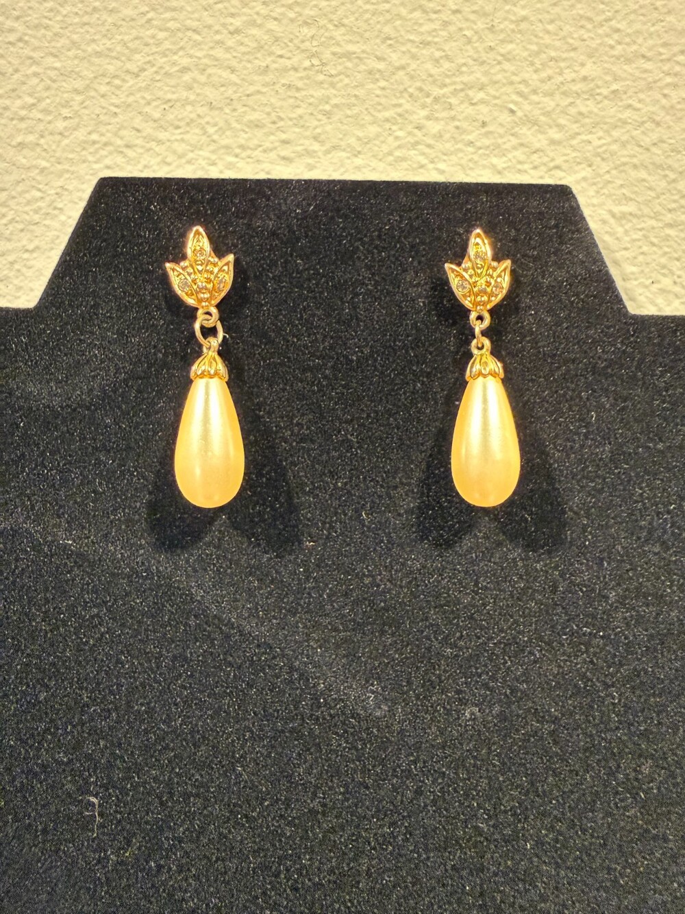 vintage pearl droplet earrings with faux diamonds, ivory